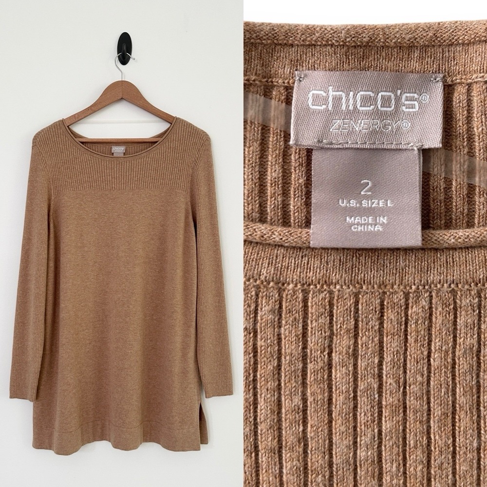 Chico's Zenergy Women Large Brown 2 Long Sleeve Cashmere Blend Pullover Sweater